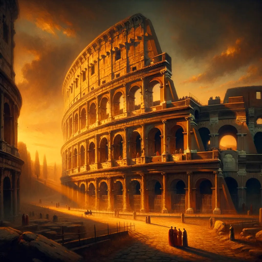 Sunset casting dramatic shadows over the ruins of the Colosseum, capturing the grandeur of ancient Rome in a cinematic style.