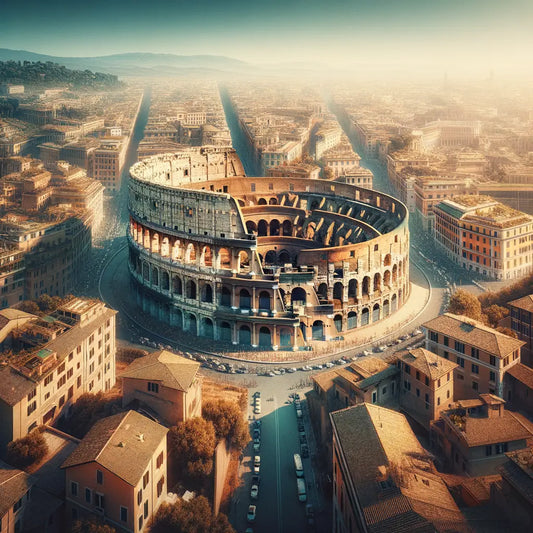 Aerial view painting of the Colosseum surrounded by modern Rome, blending historical grandeur with contemporary urban life, in a cinematic style reminiscent of 1960s historical epics.