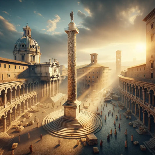 The Column of Marcus Aurelius in Rome, surrounded by ancient architecture, in a style inspired by 1960s historical films.