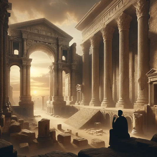 Expansive view of ancient Roman ruins with large stone structures, pillars, and arches under a blue sky, in a style inspired by 1960s historical films.