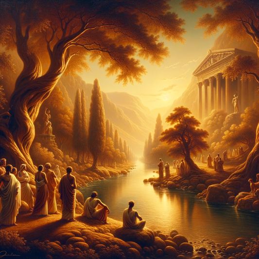 Serene river symbolizing Stoic love, flanked by ancient trees in a cinematic, historical epic style.