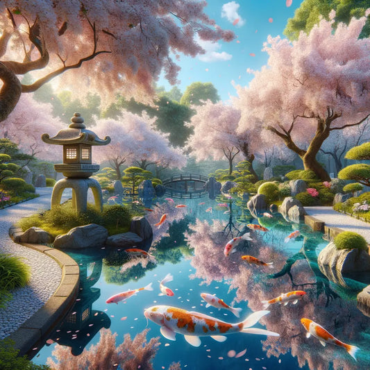 A tranquil scene in a Japanese garden featuring cherry blossoms and a koi pond.