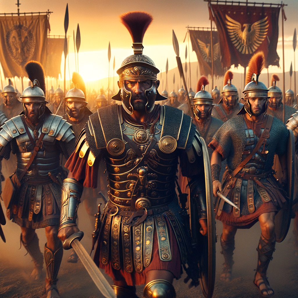 Roman general on horseback leading his army in battle