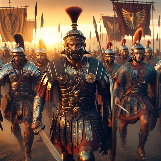 Roman general on horseback leading his army in battle