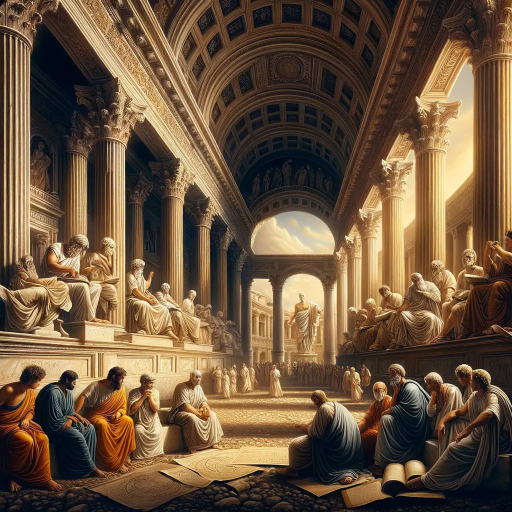 Philosophers in togas engaged in deep discussion under the towering columns of an ancient Roman forum, captured in the style of classic 1960s historical films.