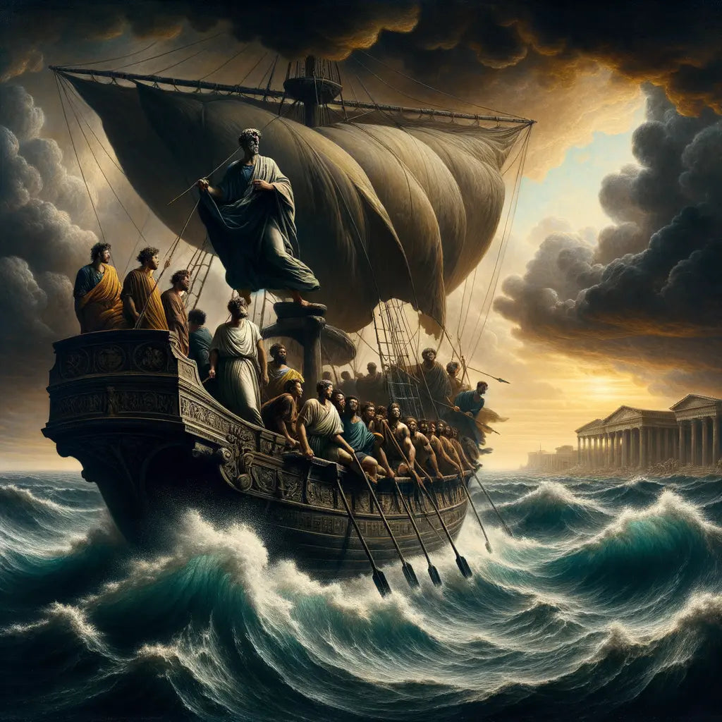 A Roman ship calmly navigating a stormy sea, with a philosopher onboard, embodying stoic resilience, in the style of 1960s historical epics.