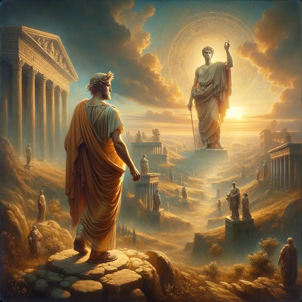 A Roman philosopher-king in a toga stands calmly at dawn with a sunrise behind a statue symbolizing Stoic wisdom, evoking a 1960s historical film style.
