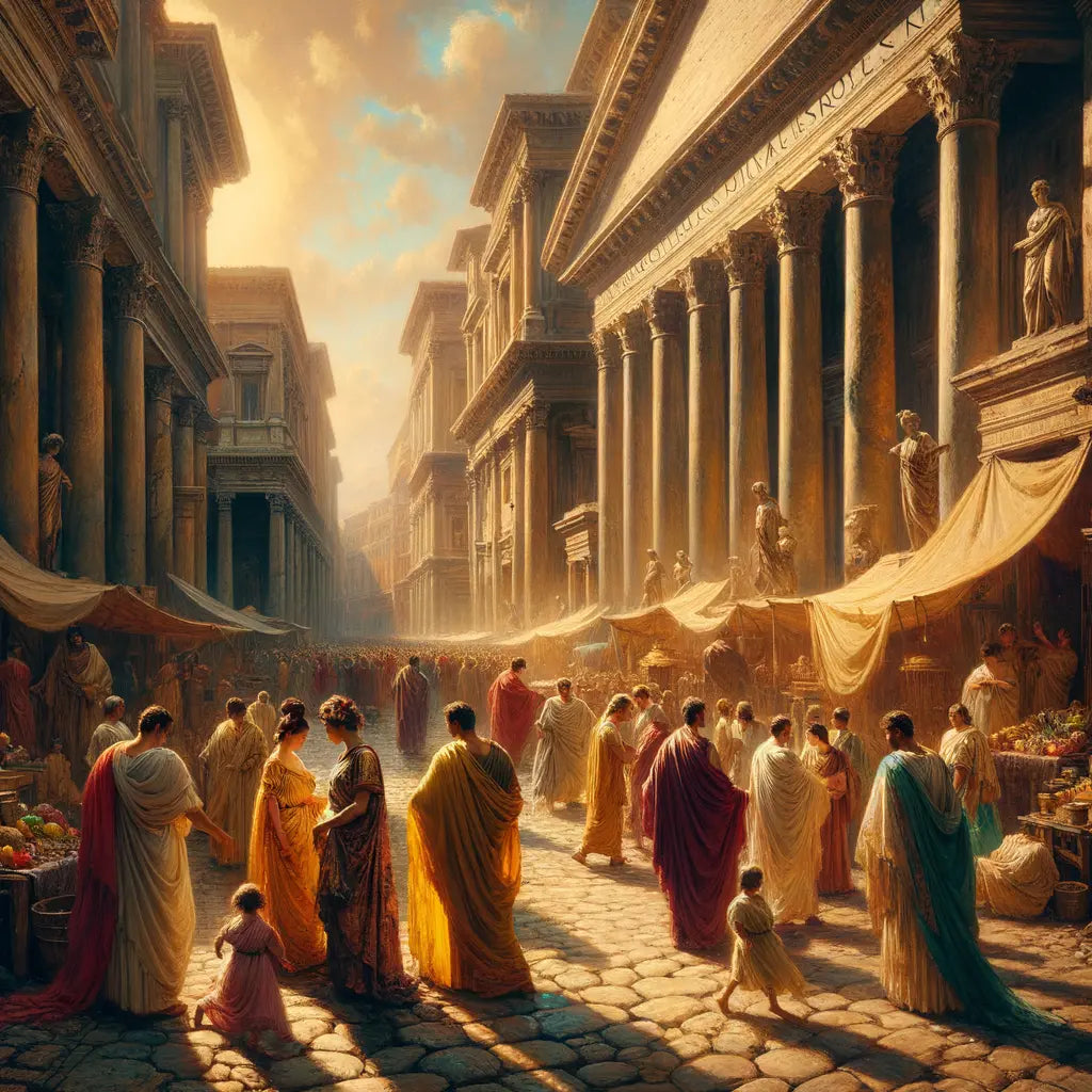 Ancient Roman citizens in colorful togas and stolas bustling through a market street, with marble columns in the background, styled like 1960s historical films.