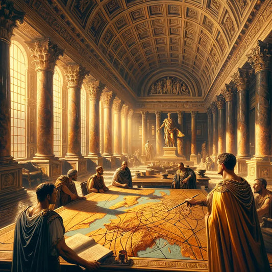 Ancient Roman Empire map with roads like a web, overseen by Augustus in a grand room with advisors, styled as a 1960s historical epic.