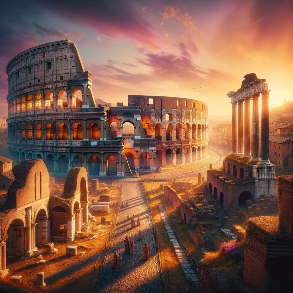 Colosseum and Roman Forum at sunset, in a 1960s historical epic painting style, symbolizing the grandeur of the Roman Empire.