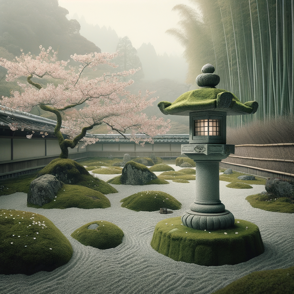 Ein moosbedeckter japanischer Steinlaterne in einem Zen-Garten mit Kirschblütenblättern, minimalistisch und kultiviert.