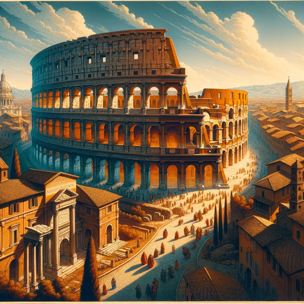 Aerial view of the Roman Colosseum in its historical grandeur, surrounded by ancient Roman architecture, captured in the cinematic style of classic 1960s historical epics.