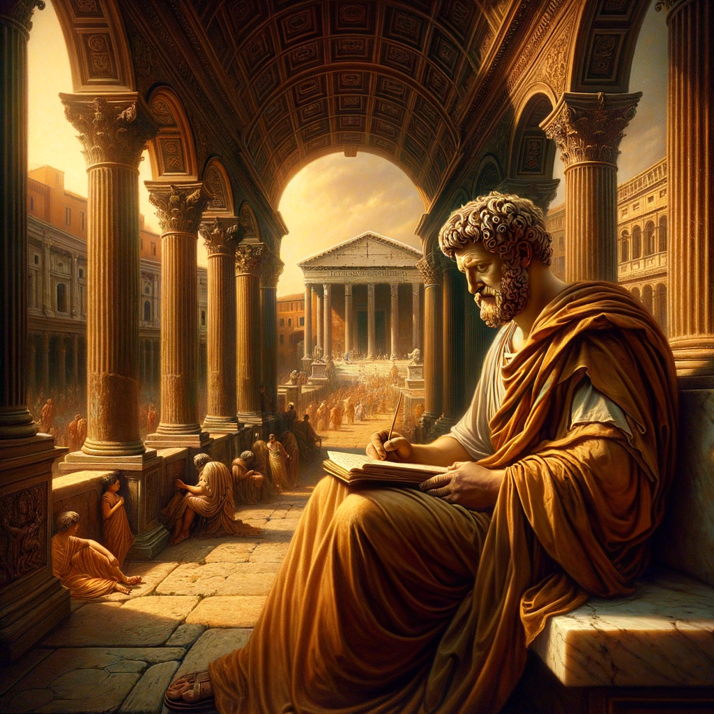 Marcus Aurelius writing in his journal, set against the backdrop of the ancient Roman Forum, exuding a philosophical presence reminiscent of 1960s historical epics.