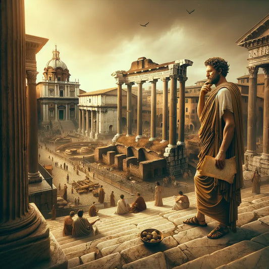 A Roman philosopher, resembling Marcus Aurelius, stands thoughtfully with a scroll in the Roman Forum, surrounded by ancient architecture, evoking the classic style of 1960s historical epic films.