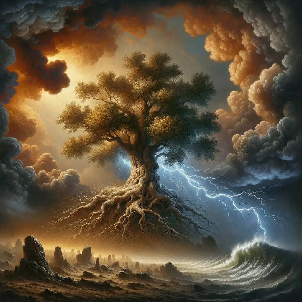 A mighty ancient tree symbolizing Stoicism stands resiliently against a stormy modern sky.