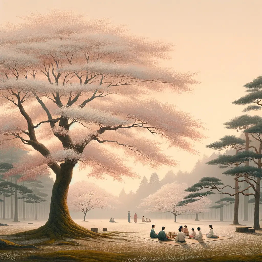 Ein ruhiger japanischer Park mit blühenden Kirschbäumen, rosa Blüten auf dem Boden und Menschen beim Yari-Hanami-Picknick – minimalistisch und friedlich.