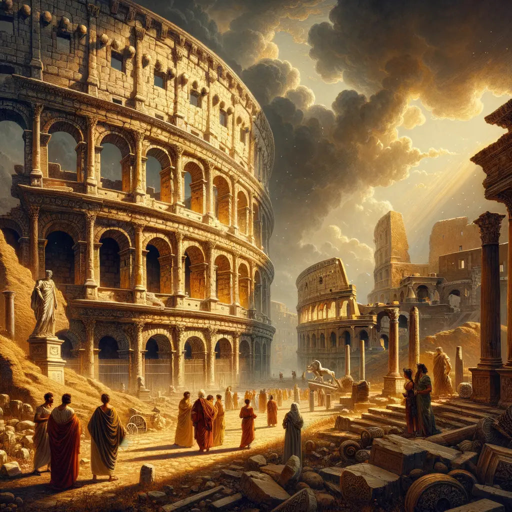 Cinematic view of the Roman Colosseum under a cloudy sky, surrounded by ancient ruins, inspired by 1960s historical film style.