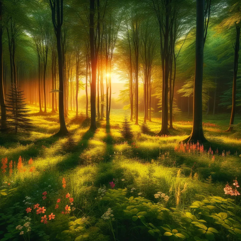 A beautiful forest scene at sunrise with sunlight peeking through the trees.