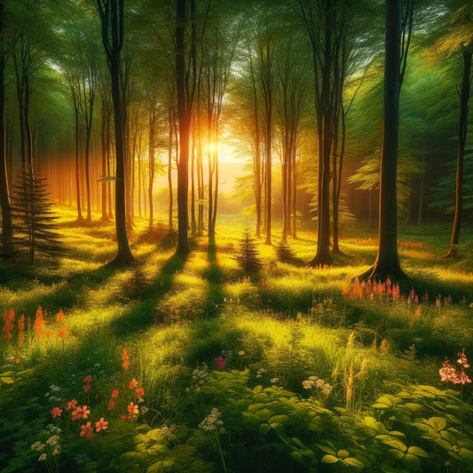 A beautiful forest scene at sunrise with sunlight peeking through the trees.