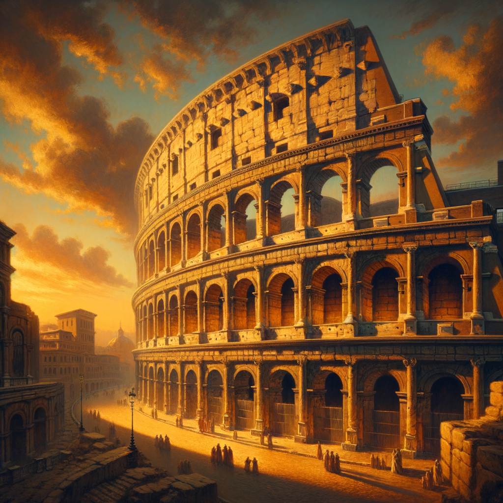 Colosseum in Rome at sunset, illuminated in warm golden light, capturing its historical grandeur with cinematic flair.