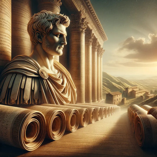 Statue of a Roman emperor set against ancient scrolls and a serene landscape, symbolizing wisdom and leadership in a timeless, introspective scene.