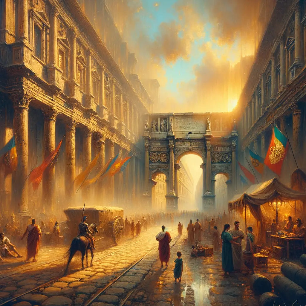 Bustling ancient Roman street with ornate architecture and military banners in a city facing decline, inspired by 1960s historical epic films.