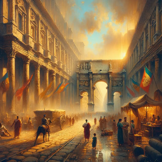 Bustling ancient Roman street with ornate architecture and military banners in a city facing decline, inspired by 1960s historical epic films.