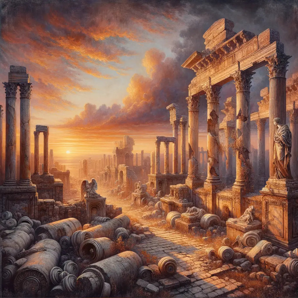 Majestic ancient Roman ruins crumbling under a dramatic sunset, symbolizing the fall of the empire, in the style of 1960s historical epics.