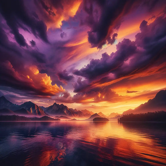 A picturesque sunset scene with a lake and mountains, illustrating a peaceful natural environment.