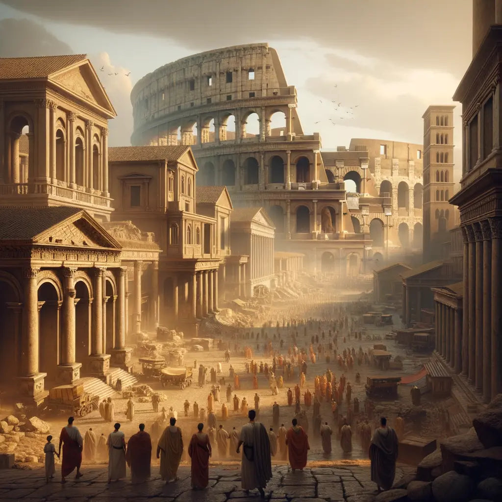 A cinematic view of ancient Rome with the Colosseum and Roman Forum, capturing the city's grandeur in a 1960s epic film style.
