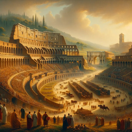 Aerial view of Circus Maximus with Aventine and Palatine hills, styled as a 1960s historical film.