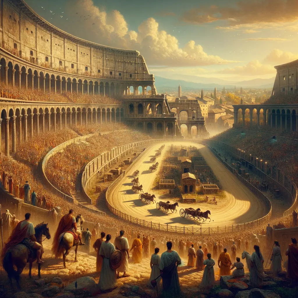 Bustling scene of the Circus Maximus in ancient Rome with chariot racing, crowded stands, and detailed Roman architecture in a style reminiscent of 1960s historical films.