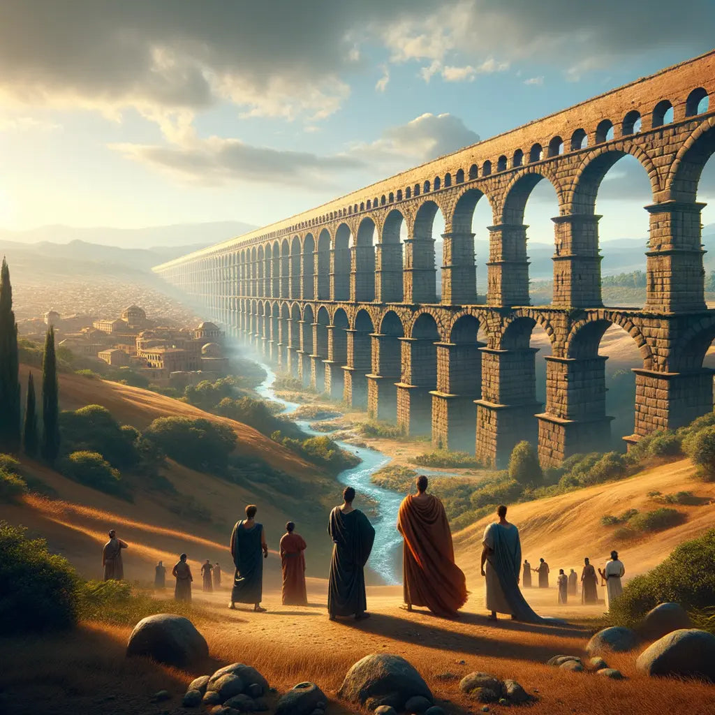 A majestic Roman aqueduct with arches extends over a vibrant landscape, showing water flowing from mountains to cityscapes, reminiscent of 1960s historical epic films.