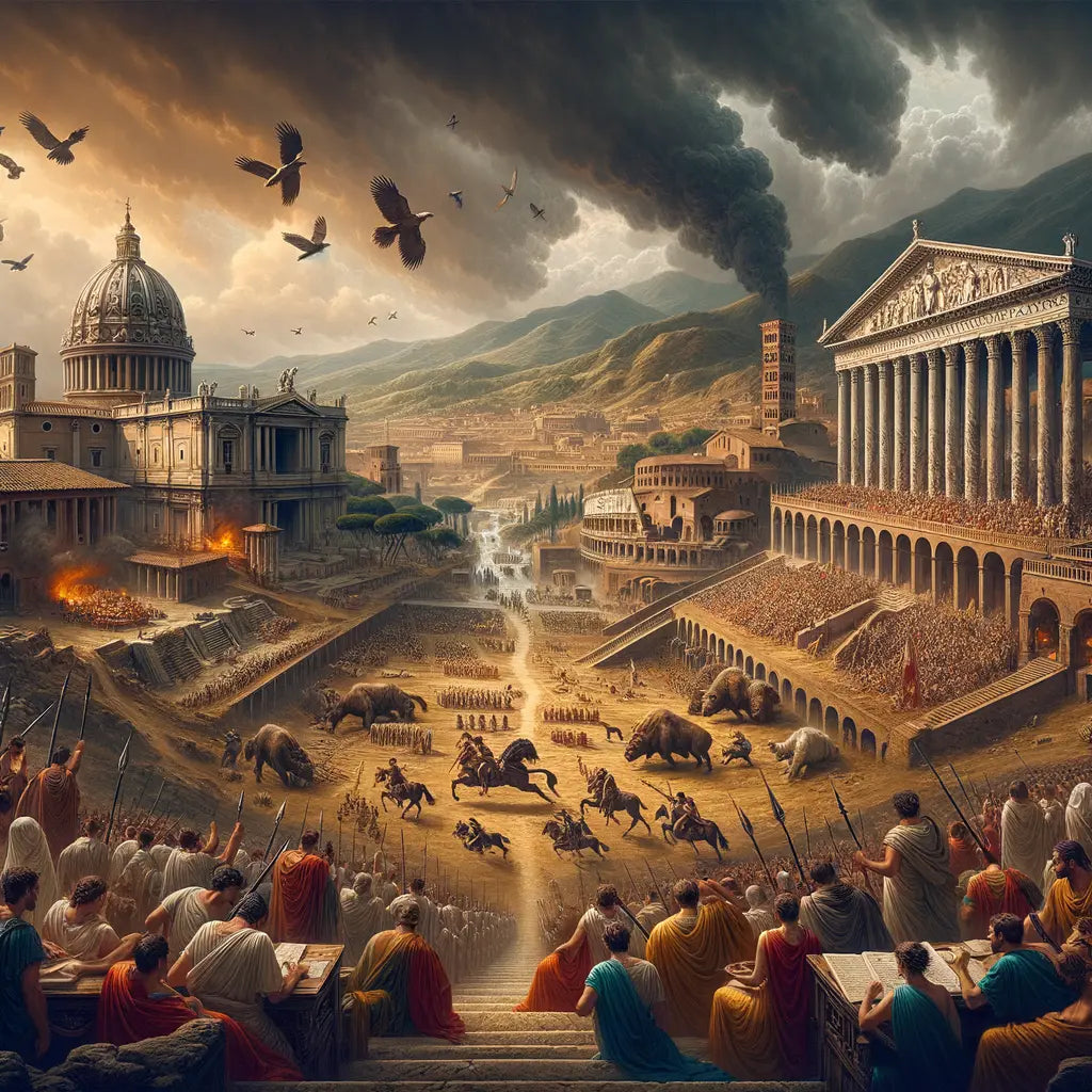 Panoramic painting showing key moments in Roman history: Rome's founding, Republic era Senate, Empire under Augustus, and its decline, styled like 1960s historical epics.