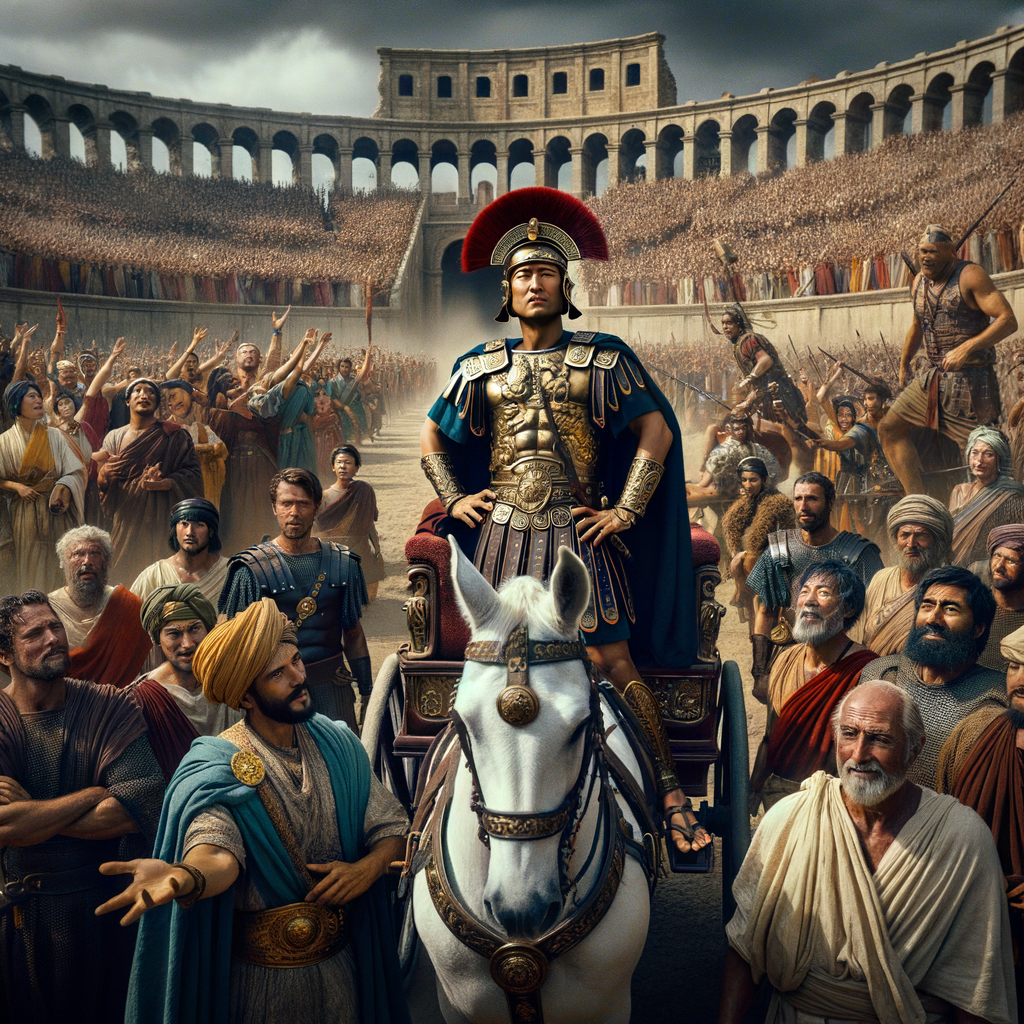 A Roman general in a chariot celebrating a victory with soldiers and cheering citizens.