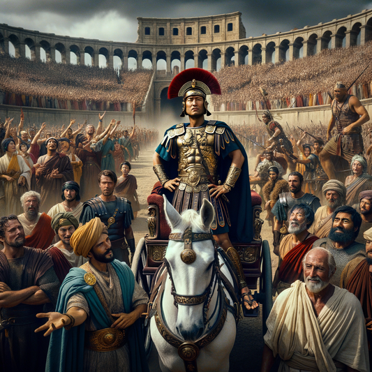 A Roman general in a chariot celebrating a victory with soldiers and cheering citizens.