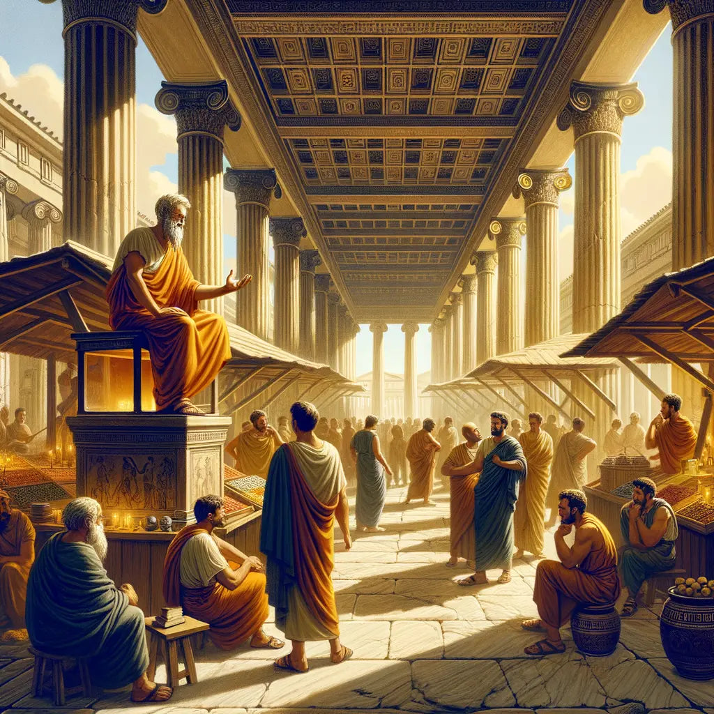 Athenian marketplace with Zeno of Citium discussing philosophy under the Stoa Poikile, in cinematic 1960s historical film style.