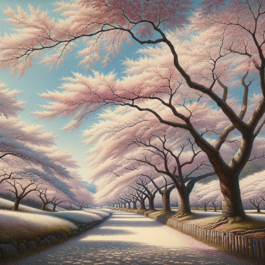 Yoshino-Kirschbäume in voller Blüte unter einem klaren blauen Himmel, mit sanften rosa und weißen Blütenblättern auf dem Boden — minimalistisch und friedlich inspiriert.