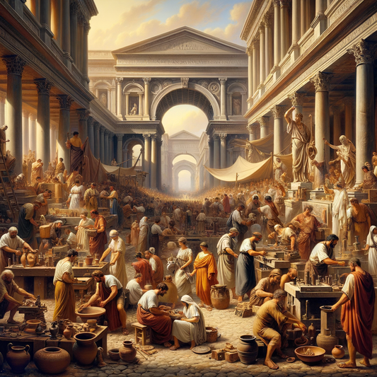 Plebeians on a bustling ancient Roman street, engaged in crafts and trades amid impressive Roman architecture, reminiscent of classic 1960s historical films.