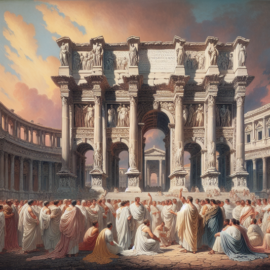 A historical portrayal of the Forum of Augustus filled with Roman citizens.