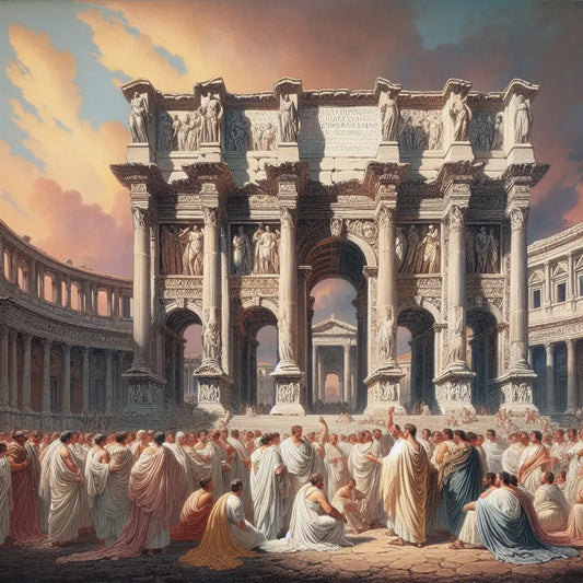 A historical portrayal of the Forum of Augustus filled with Roman citizens.