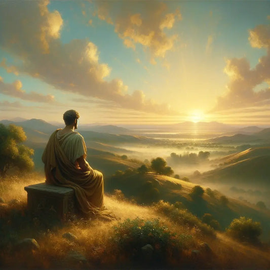 A Roman philosopher in a toga sits on a hill at sunrise, embodying Stoicism, in the style of classic 1960s historical epics.