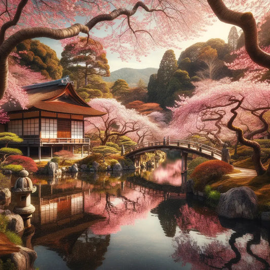 A peaceful Kyoto garden with cherry blossoms and a tea house.