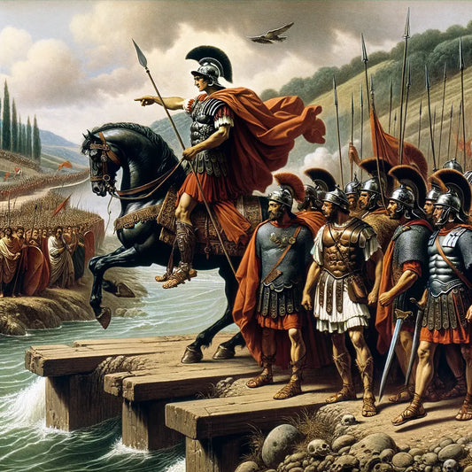 Julius Caesar crossing the Rubicon with soldiers, symbolizing defiance and the onset of civil war in Rome.