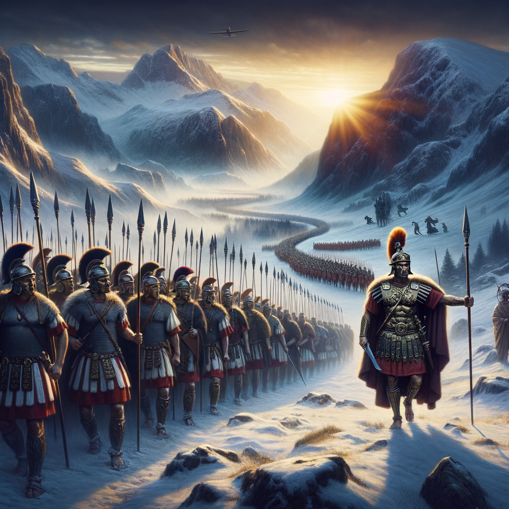 Julius Caesar crossing the Alps with his army.