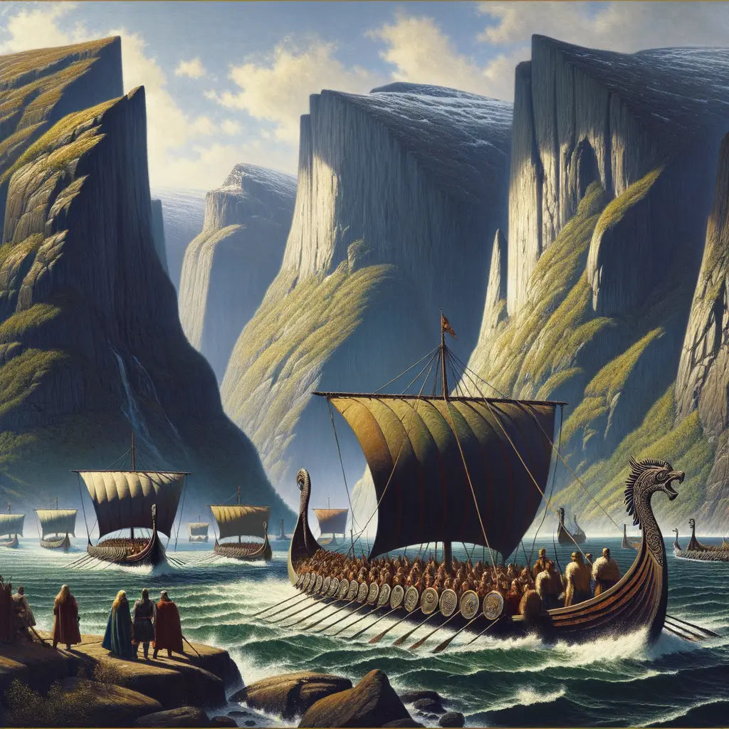 Viking longships navigate the Scandinavian fjords under bright daylight, set against rugged cliffs, in a 1960s historical epic style painting.