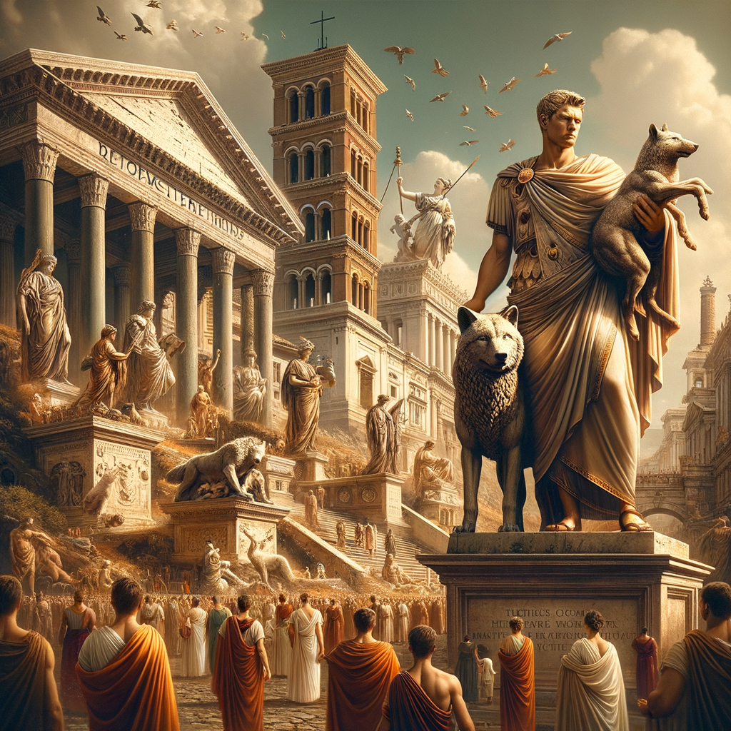 Marcus Aurelius standing next to the Capitoline Wolf statue in ancient Rome, surrounded by symbols of strength and legacy, inspired by 1960s historical epics.