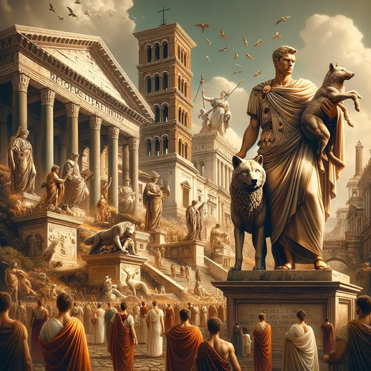 Marcus Aurelius standing next to the Capitoline Wolf statue in ancient Rome, surrounded by symbols of strength and legacy, inspired by 1960s historical epics.