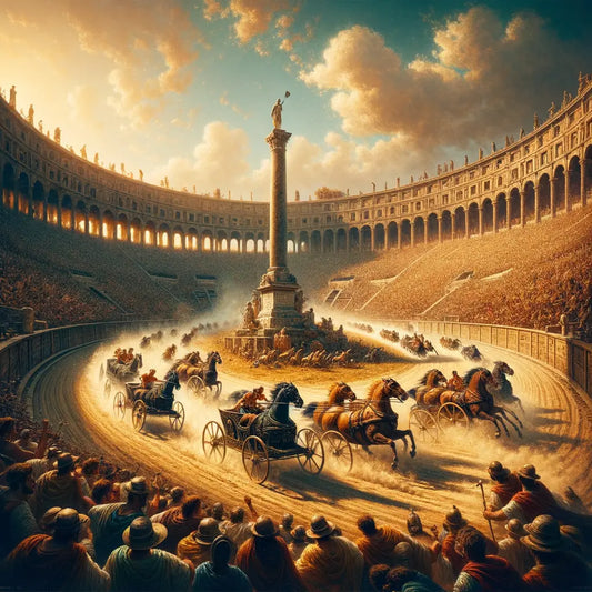 Thrilling chariot race at the Circus Maximus with full stands and roaring crowds, captured in a 1960s cinematic style.