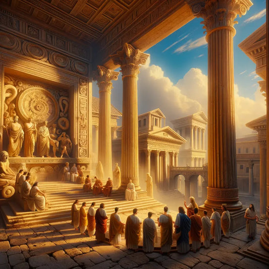 A cinematic painting of ancient Rome with Greek architectural influences, featuring columns and sculptures, bathed in warm sunlight.